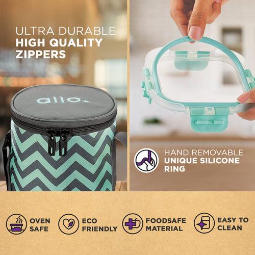 390ml x 2 Allo FoodSafe Microwave Oven Safe Glass Lunch box with Break Free Detachable Lock with Chevron Mint Bag Tiffin