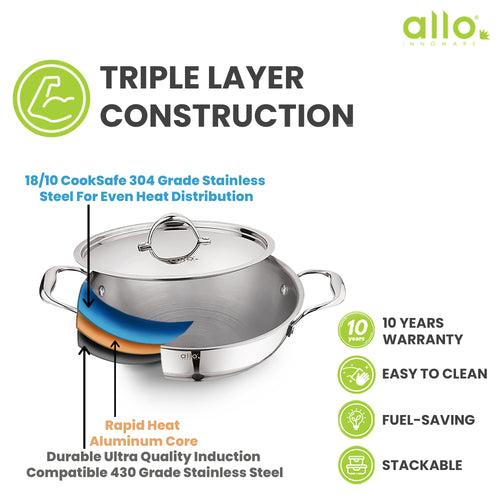 4L Allo CookSafe TriPly Kadhai | Stainless Steel | With Stainless Steel Lid | Induction Friendly | Naturally Non-stick | 28cm