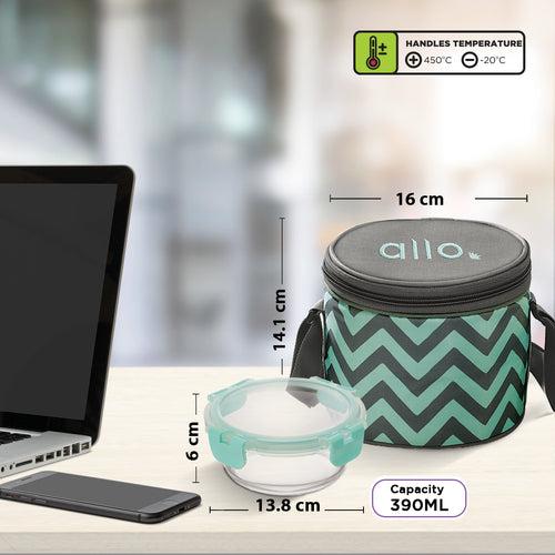 390ml x 2 Allo FoodSafe Microwave Oven Safe Glass Lunch box with Break Free Detachable Lock with Chevron Mint Bag Tiffin