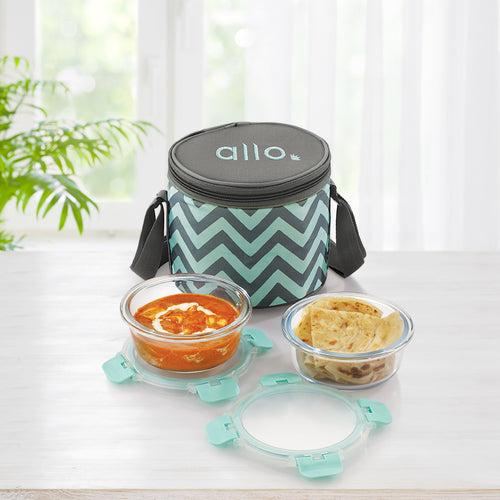 390ml x 2 Allo FoodSafe Microwave Oven Safe Glass Lunch box with Break Free Detachable Lock with Chevron Mint Bag Tiffin