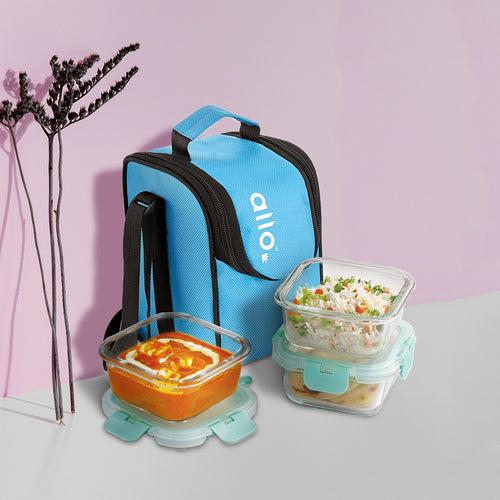 310ml x 3 Allo FoodSafe Microwave Oven Safe Glass Lunch box with Break Free Detachable Lock with Sky Blue Bag Tiffin