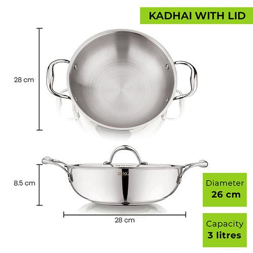 Allo CookSafe TriPly Stainless Steel Kadhai & Tope 2pcs Combo Set of 3 Litres Kadhai with Lid and 3.8 Litres Tope with Lid - Induction Friendly - Naturally Non-Stick, 26Cm & 20Cm