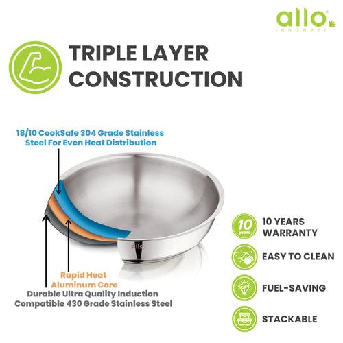 6.8L Allo CookSafe TriPly Tasla | Stainless Steel | Induction Friendly | 32 cm