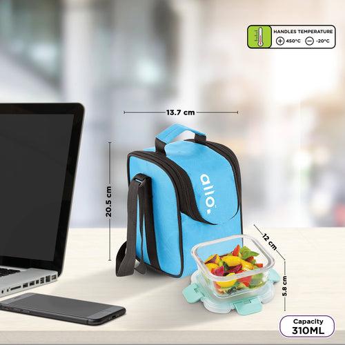 310ml x 3 Allo FoodSafe Microwave Oven Safe Glass Lunch box with Break Free Detachable Lock with Sky Blue Bag Tiffin