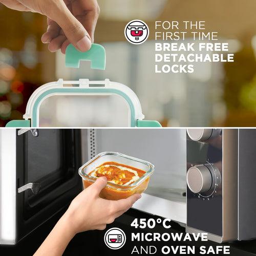 520ml, 800ml Allo FoodSafe Microwave Oven Safe Glass Container with Break Free Detachable Lock