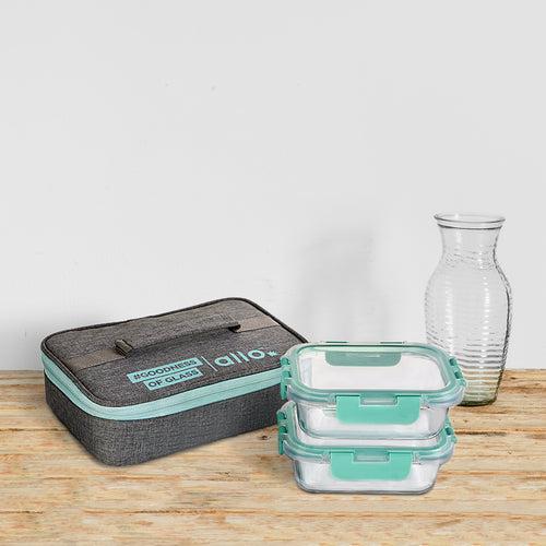 370ml x 2 Allo FoodSafe Microwave Oven Safe Glass Lunch box with Break Free Detachable Lock with Canvas Grey Bag Tiffin