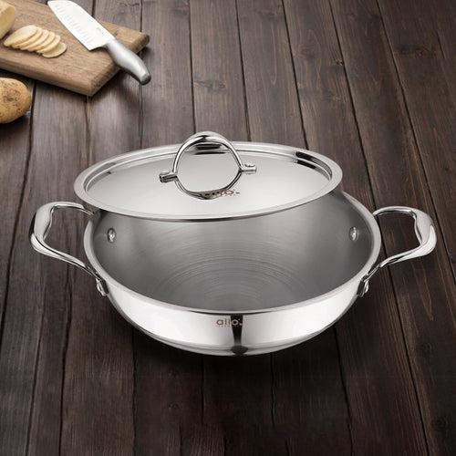 4L Allo CookSafe TriPly Kadhai | Stainless Steel | With Stainless Steel Lid | Induction Friendly | Naturally Non-stick | 28cm