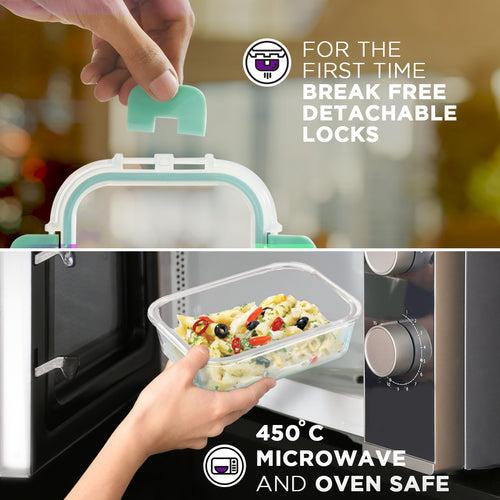 370ml x 2 Allo FoodSafe Microwave Oven Safe Glass Lunch box with Break Free Detachable Lock with Canvas Grey Bag Tiffin