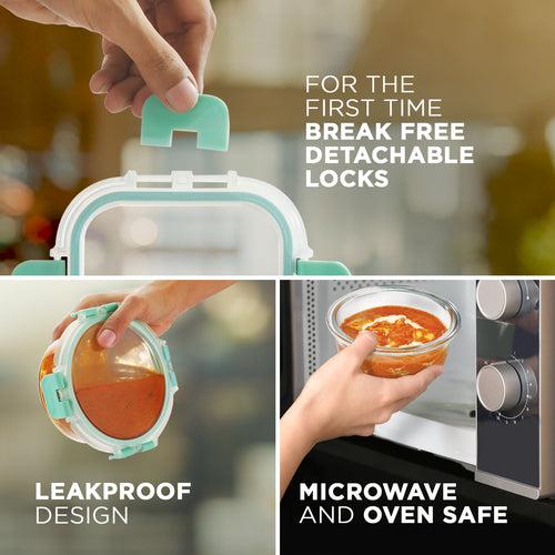 390ml x 2 Allo FoodSafe Microwave Oven Safe Glass Lunch box with Break Free Detachable Lock with Chevron Mint Bag Tiffin