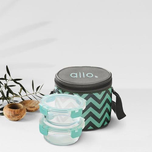 390ml x 2 Allo FoodSafe Microwave Oven Safe Glass Lunch box with Break Free Detachable Lock with Chevron Mint Bag Tiffin