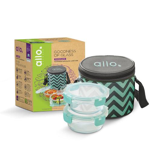 390ml x 2 Allo FoodSafe Microwave Oven Safe Glass Lunch box with Break Free Detachable Lock with Chevron Mint Bag Tiffin