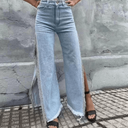 Katie Side Slit Rhinestones Tassel Denim