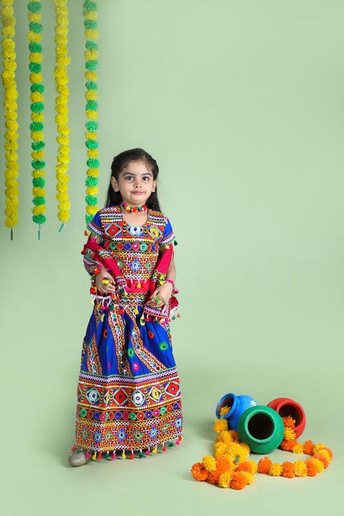 Banjara India Kutchi Emboidered Blue Girls Chaniya Choli with Dupatta (CC-WAVE) - Blue