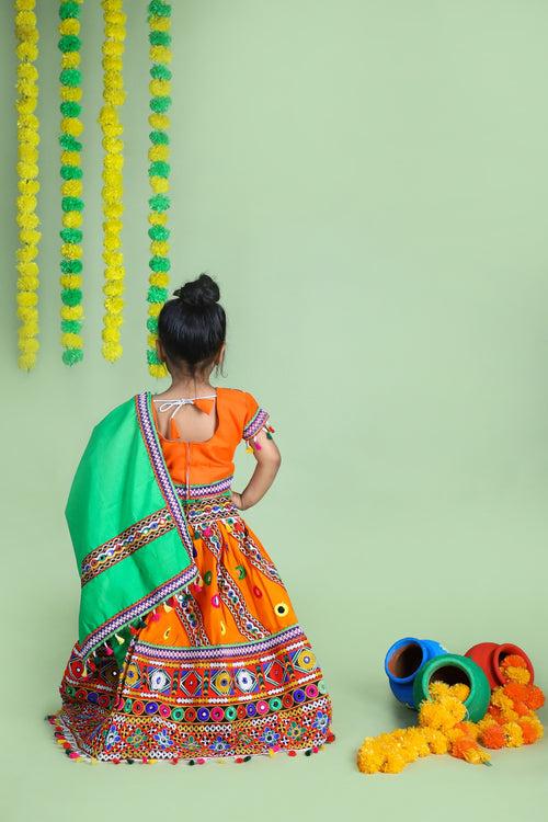 Mother-Daugther Combo Cotton Embroidered Lehenga Choli Set (WAVE- Combo) - Orange