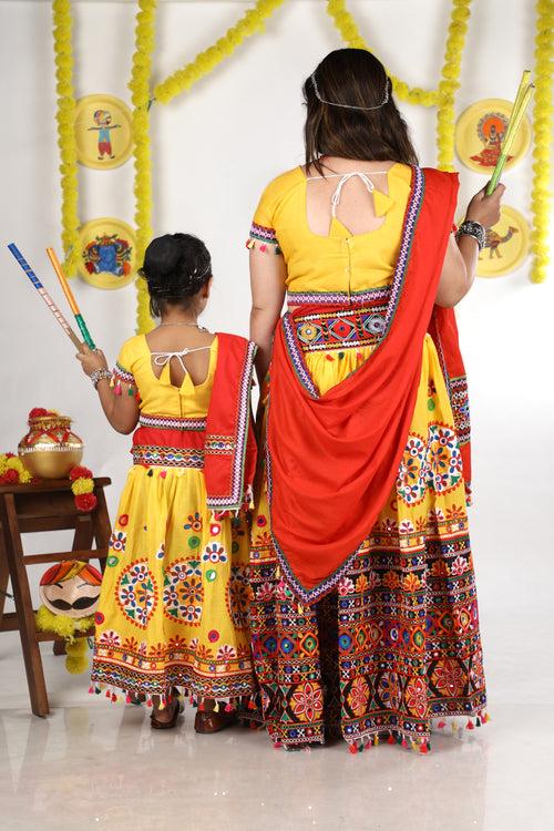 Mother-Daugther Combo Cotton Embroidered Lehenga Choli Set (RING- Combo) - Yellow