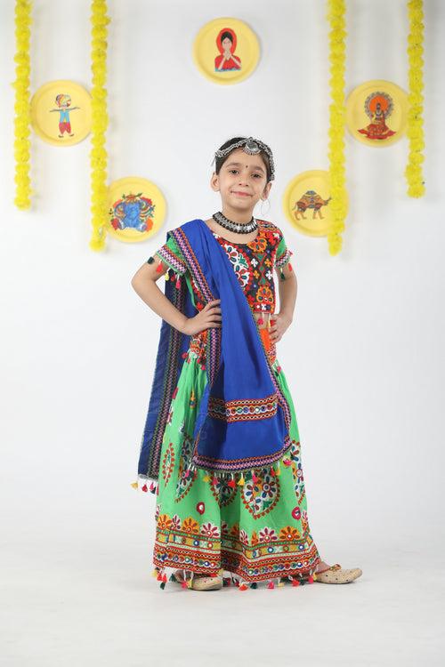 Banjara India Kutchi Emboidered Green Girls Chaniya Choli with Dupatta (CC-RING) - Green