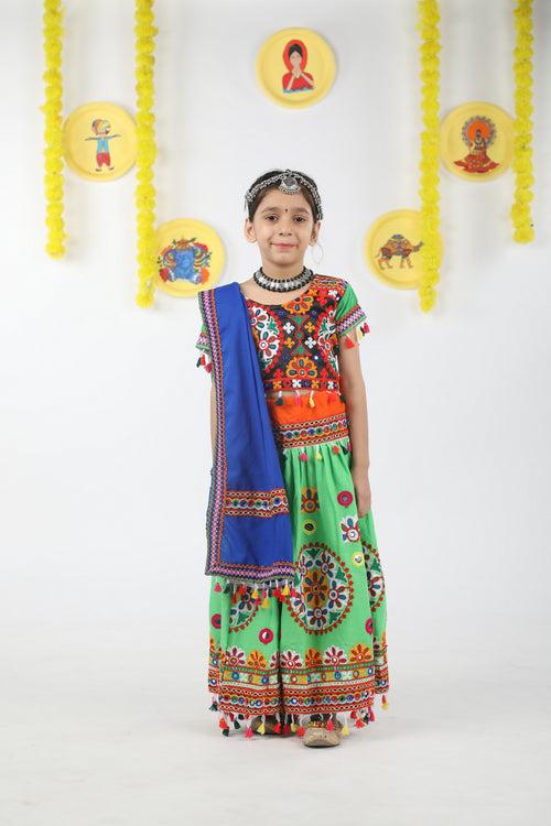 Banjara India Kutchi Emboidered Green Girls Chaniya Choli with Dupatta (CC-RING) - Green