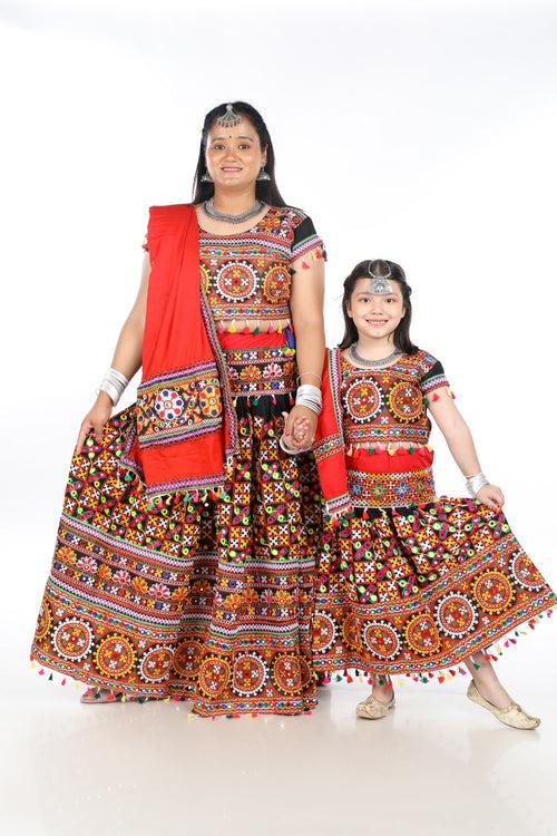 Mother-Daugther Combo Cotton Embroidered Lehenga Choli Set (BWR- Combo) - Black