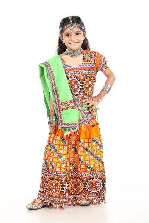 Banjara India Kutchi Embroidered Orange Girls Chaniya Choli with Dupatta (CC1-BWR) - Orange