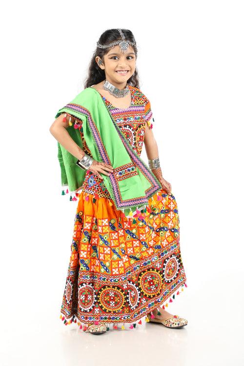 Banjara India Kutchi Embroidered Orange Girls Chaniya Choli with Dupatta (CC1-BWR) - Orange