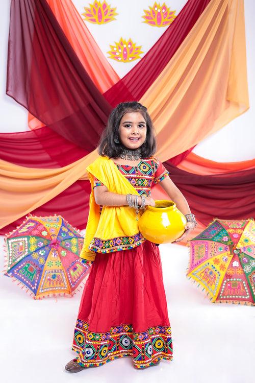 Banjara India Kutchi Emboidered Black Girls Chaniya Choli with Dupatta (CC-DMND) - Red