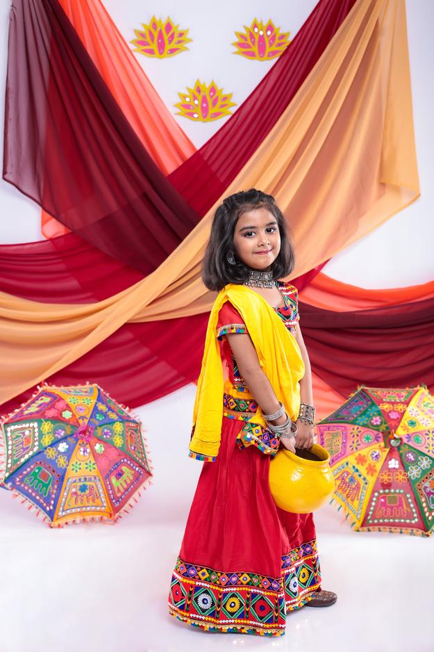 Banjara India Kutchi Emboidered Black Girls Chaniya Choli with Dupatta (CC-DMND) - Red