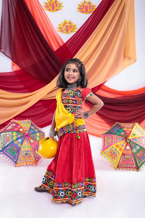 Banjara India Kutchi Emboidered Black Girls Chaniya Choli with Dupatta (CC-DMND) - Red