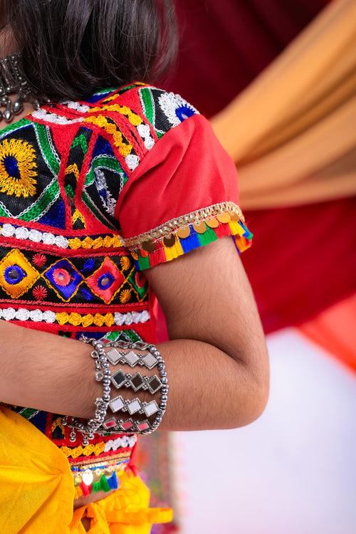 Banjara India Kutchi Emboidered Black Girls Chaniya Choli with Dupatta (CC-DMND) - Red