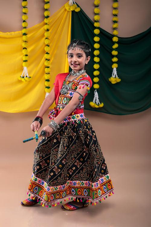 Banjara India Kutchi Emboidered Black Girls Chaniya Choli with Dupatta (CC1-RJS) - Black