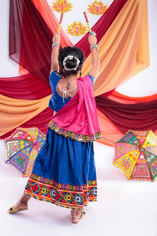 Banjara India Kutchi Emboidered Black Girls Chaniya Choli with Dupatta (CC-DMND) - Blue