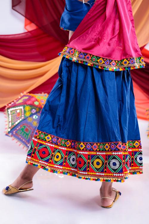 Banjara India Kutchi Emboidered Black Girls Chaniya Choli with Dupatta (CC-DMND) - Blue