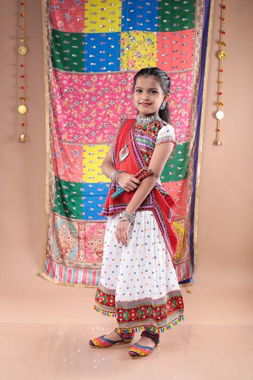 Banjara India Kutchi Emboidered Black Girls Chaniya Choli with Dupatta (CC-DOT) - White