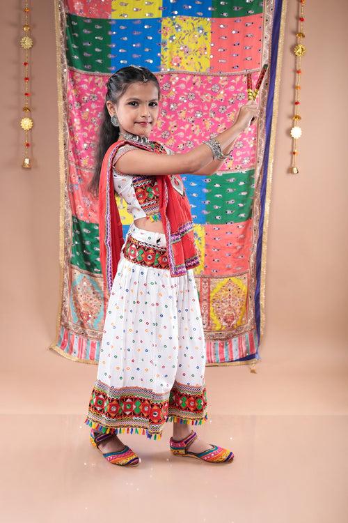 Banjara India Kutchi Emboidered Black Girls Chaniya Choli with Dupatta (CC-DOT) - White