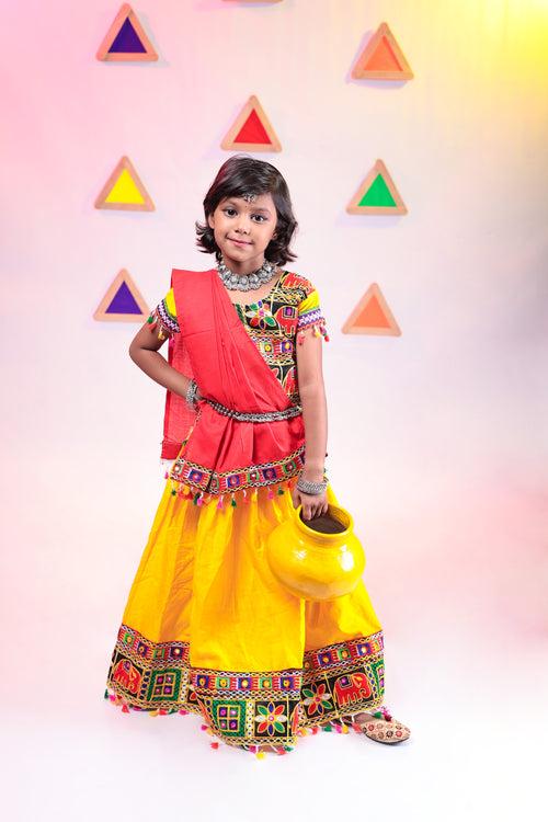 Banjara India Kutchi Emboidered Black Girls Chaniya Choli with Dupatta (CC1-WILD) - Yellow