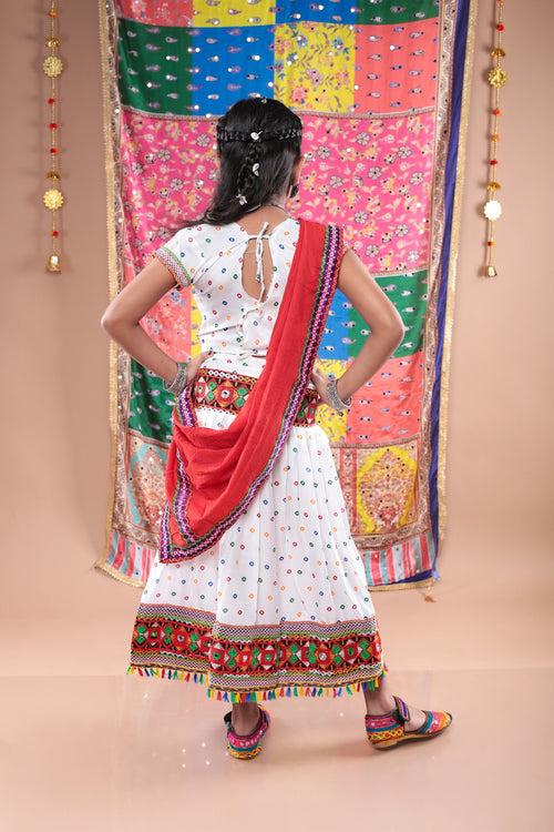 Banjara India Kutchi Emboidered Black Girls Chaniya Choli with Dupatta (CC-DOT) - White