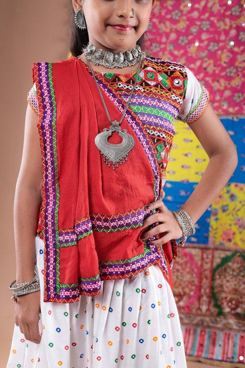 Banjara India Kutchi Emboidered Black Girls Chaniya Choli with Dupatta (CC-DOT) - White