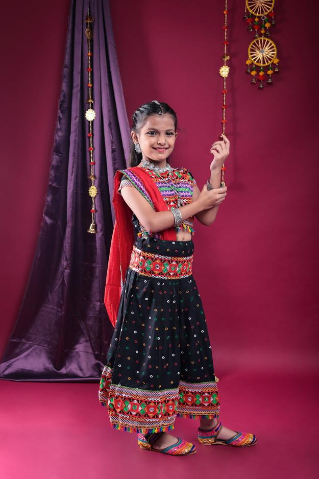 Banjara India Kutchi Emboidered Black Girls Chaniya Choli with Dupatta (CC-DOT) - Black