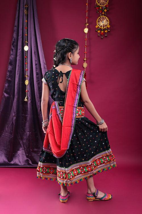 Banjara India Kutchi Emboidered Black Girls Chaniya Choli with Dupatta (CC-DOT) - Black