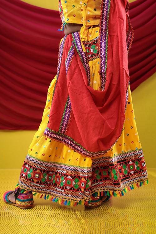 Banjara India Kutchi Emboidered Black Girls Chaniya Choli with Dupatta (CC-DOT) - Yellow