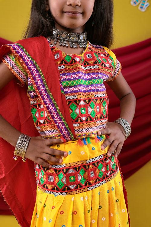 Banjara India Kutchi Emboidered Black Girls Chaniya Choli with Dupatta (CC-DOT) - Yellow