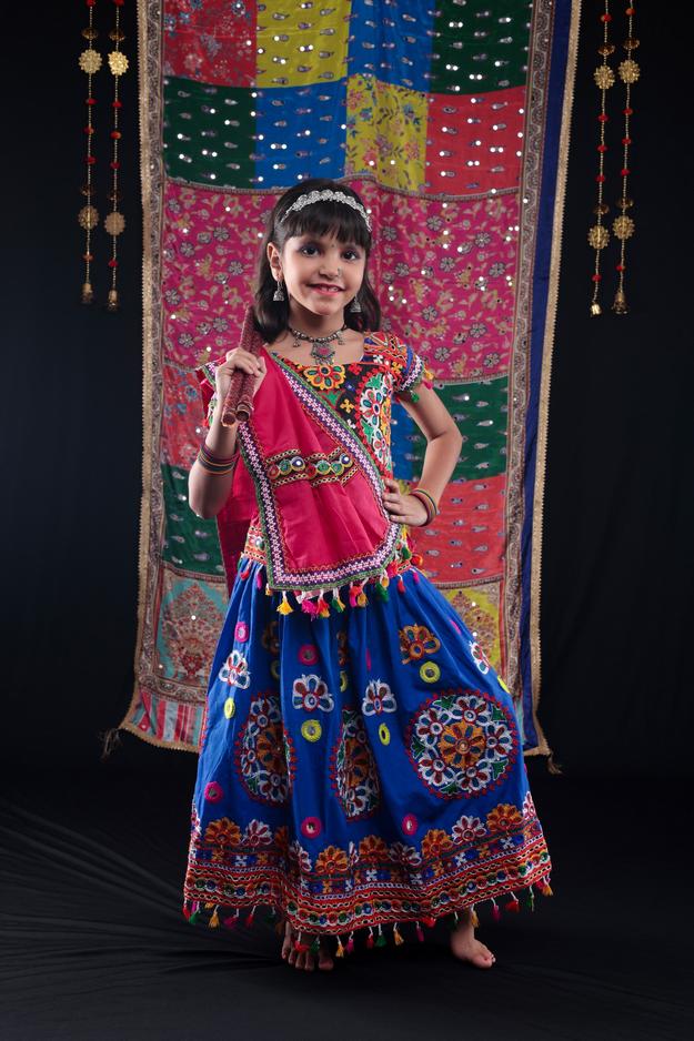 Banjara India Kutchi Emboidered Blue Girls Chaniya Choli with Dupatta (CC-RING) - Blue