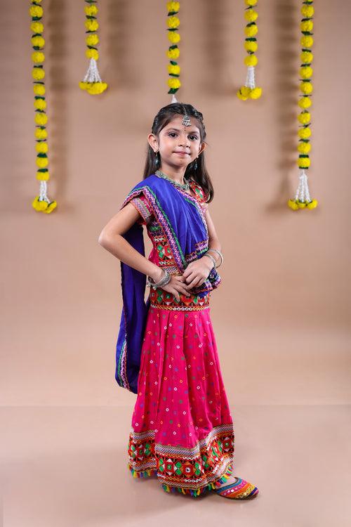 Banjara India Kutchi Emboidered Black Girls Chaniya Choli with Dupatta (CC-DOT) - Pink