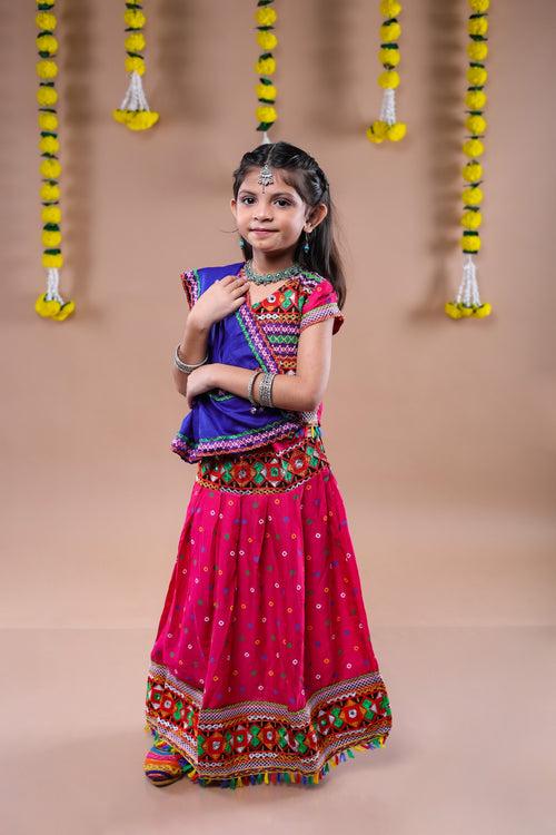 Banjara India Kutchi Emboidered Black Girls Chaniya Choli with Dupatta (CC-DOT) - Pink