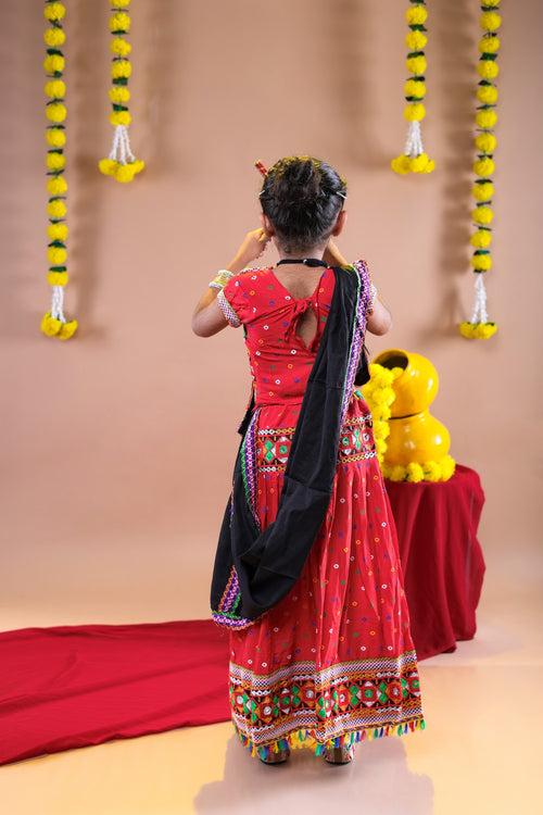 Banjara India Kutchi Emboidered Black Girls Chaniya Choli with Dupatta (CC-DOT) - Red