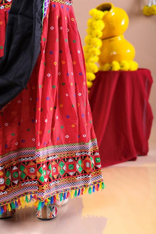 Banjara India Kutchi Emboidered Black Girls Chaniya Choli with Dupatta (CC-DOT) - Red