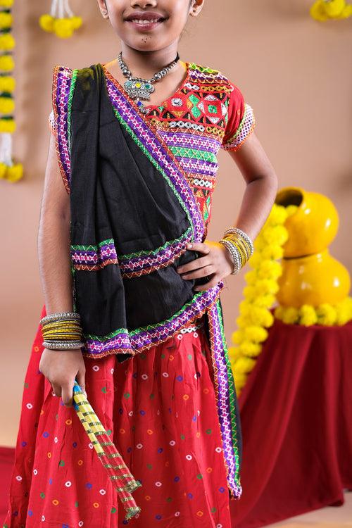 Banjara India Kutchi Emboidered Black Girls Chaniya Choli with Dupatta (CC-DOT) - Red