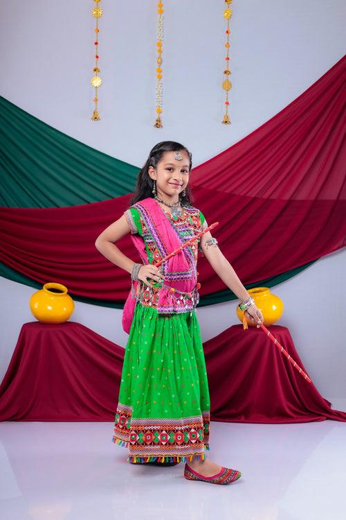 Banjara India Kutchi Emboidered Black Girls Chaniya Choli with Dupatta (CC-DOT) - Green