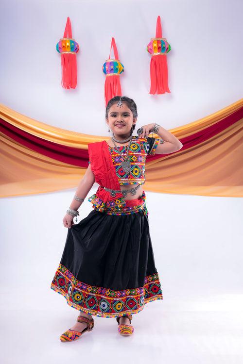 Banjara India Kutchi Emboidered Black Girls Chaniya Choli with Dupatta (CC-DMND) - BLACK