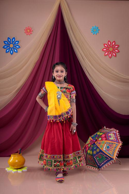 Banjara India Kutchi Emboidered Black Girls Chaniya Choli with Dupatta (CC1-WILD) - Red