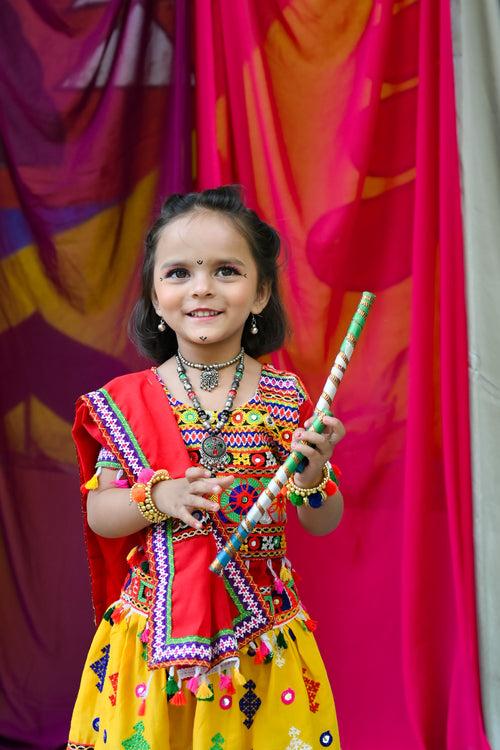 Banjara India Kutchi Emboidered Yellow Girls Lehenga Choli with Dupatta (CC-BTTA) - Yellow